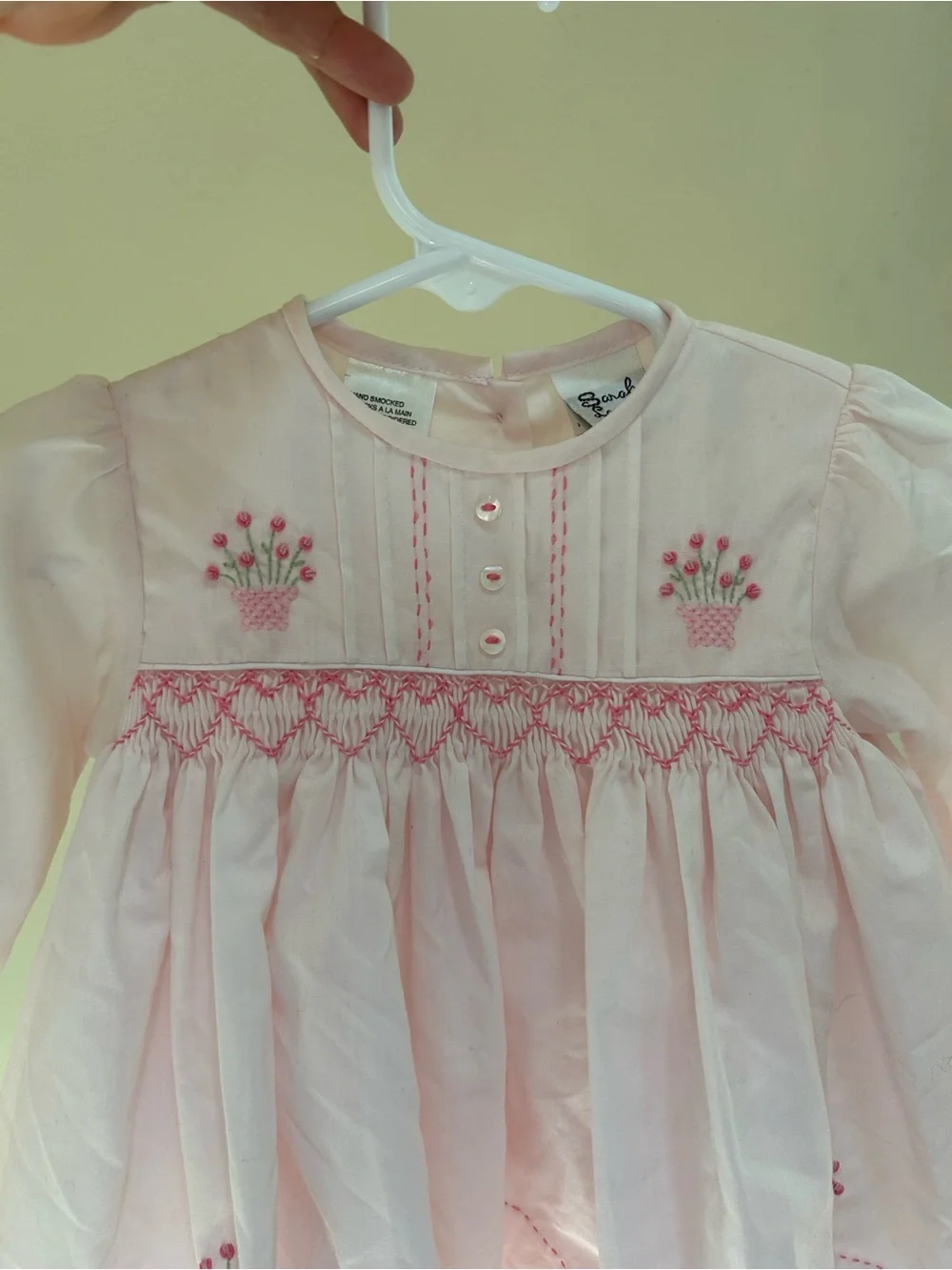 Sarah Louise England Hand-Smocked Pink Baby Girl Dress with Floral Embroidery